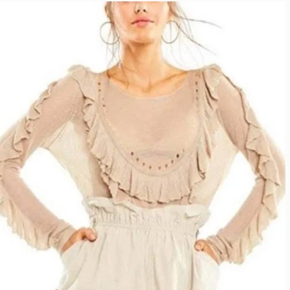 Wildfox tan sheer ruffle knit Camilla sweater top Size XS